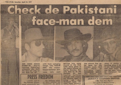 A WI feature on Pakistan team’s visit to a WI nightclub during the 1977 Pak-WI tour. Seen from left: Reserve wicketkeeper, Taslim Arif, Stylish Pakistani opener, Majid Khan and Pakistan fast bowler, Sikandar Bakht.